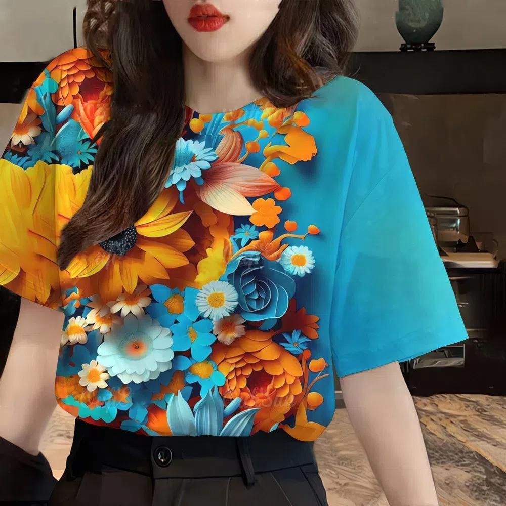 

Летняя футболка с круглым вырезом, 3D-принтом и красивым цветочным узором, модная, повседневная, с коротким рукавом, женская XS