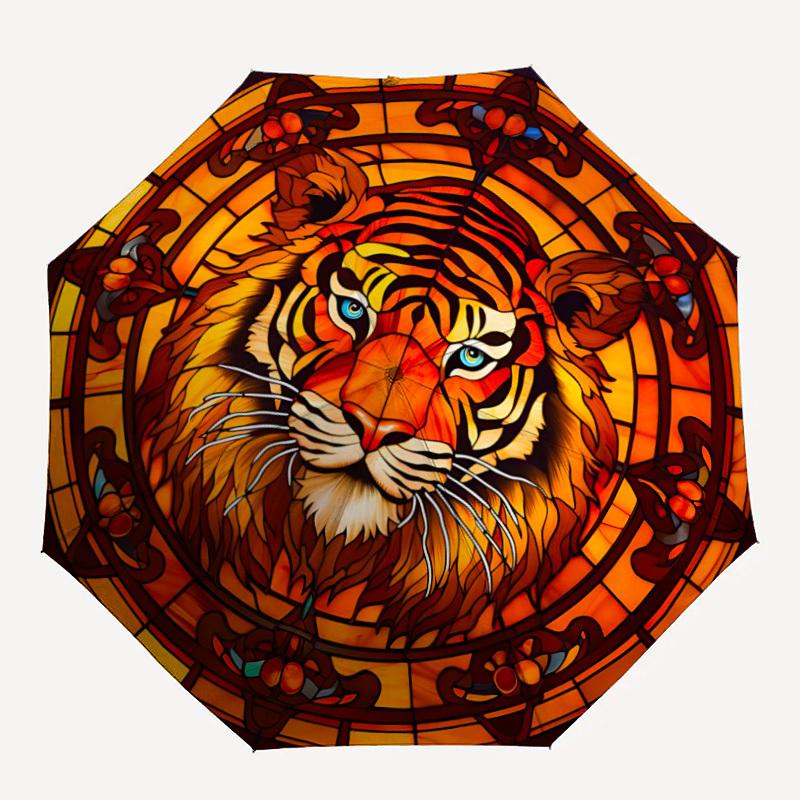 1pc Tiger StainedGlass Automatic Open/close Folding Compact Umbrella, 8-Rib Sturdy Canopy, Lightweight Portable, Everyday Use, Gift, Outdoor Umbrella,