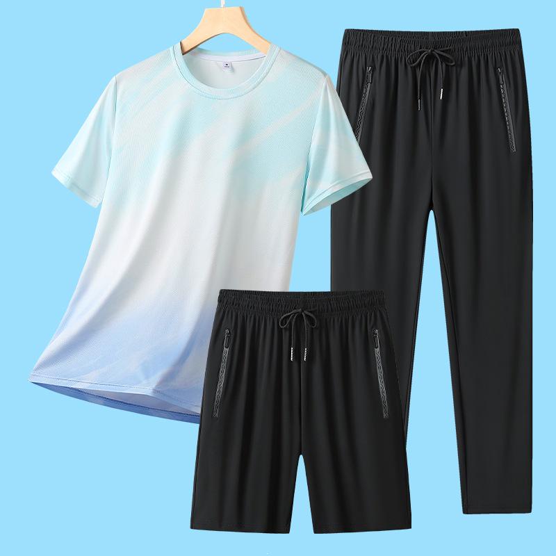 Summer Ice Silk Moisture-Wicking Breathable Sportswear Set - Casual Round Neck Short Sleeve Three-Piece High Quality.
