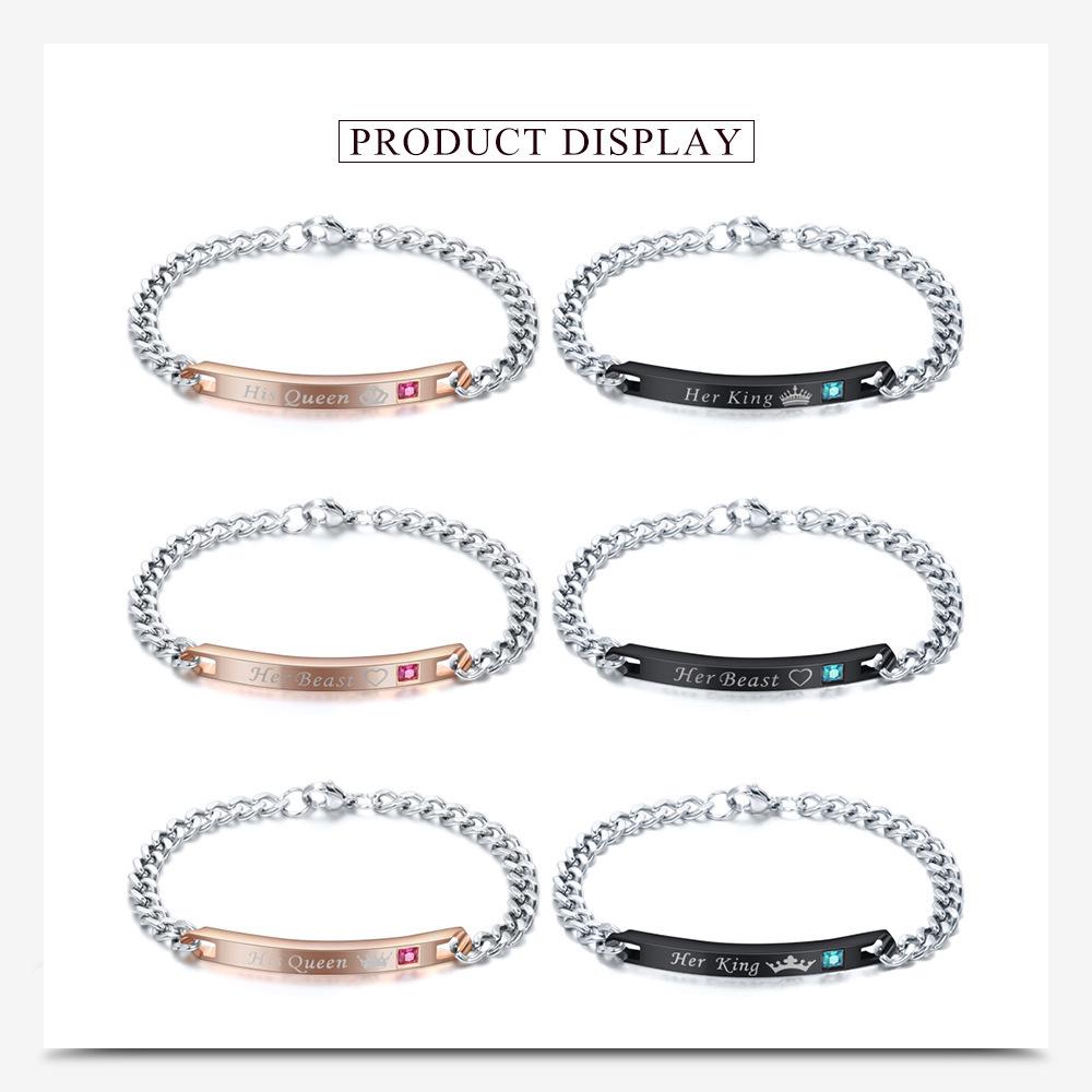 His Queen, Her King Stainless Steel Couple Bracelet with Diamond Inlay