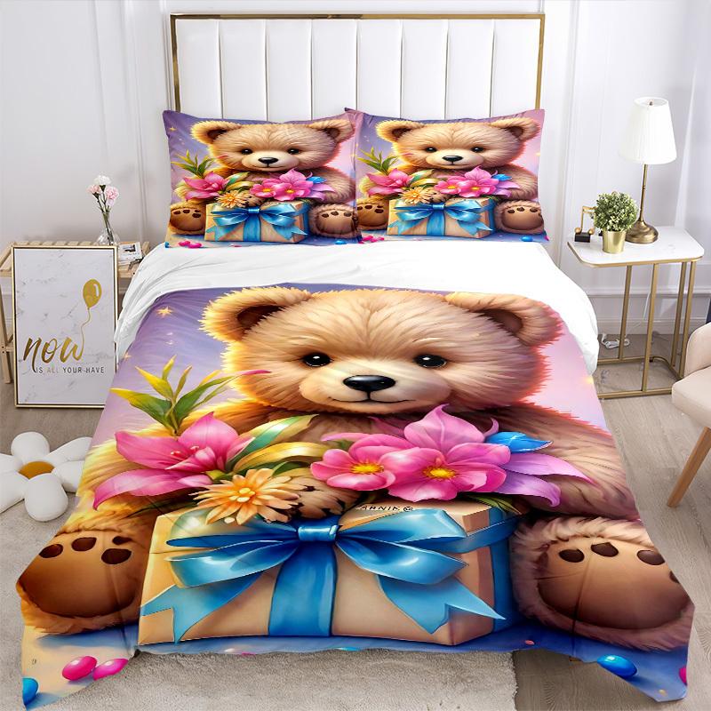 3pcs Anime Teddy Bear Bedding Set - Includes One Quilt Cover and Two Pillowcases (No Core) - Home Decor, Festival Gift, Polyester Fabric, Ca