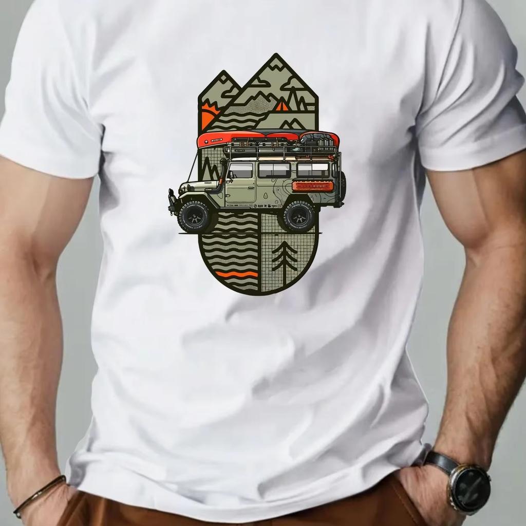 Men's Summer Simple Pure Cotton Fashionable Casual Design Off-road Vehicle Pattern Printed Collar Short-sleeved T-shirt Top