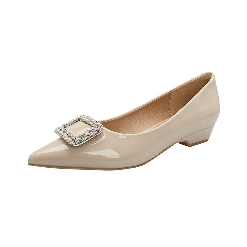 Rhinestone Square Buckle Shallow Mouth Low Heel Single Shoes Women's 2025 New Spring and Autumn Burgundy Pointed Patent Leather Not Tired Feet Women's