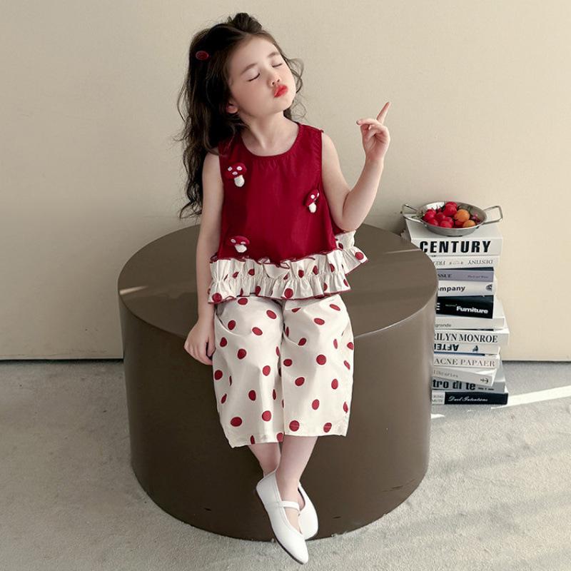 Girls' Summer 3D Mushroom Sleeveless Vest & Polka Dot Wide-Leg Pants Set