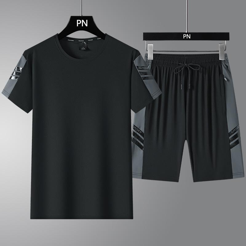 

Летний тонкий шелковый костюм с короткими рукавами, шорты, спортивная повседневная мужская одежда L/50-57KG чёрный