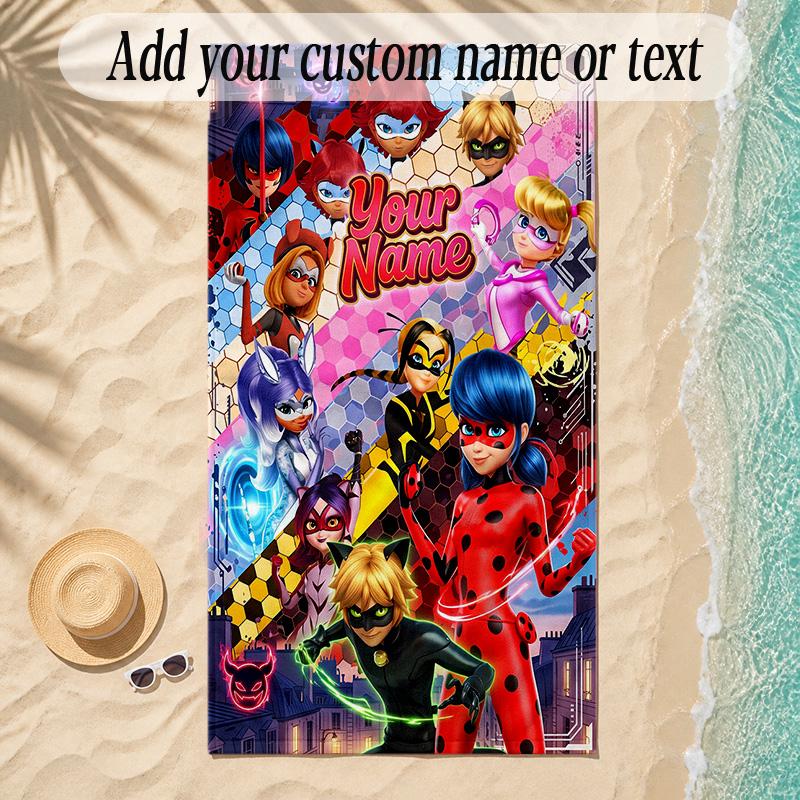 Beach TowelMiraculous Ladybug Custom Name Text Personalized Soft Towel for Beach Pool Indoor Home Decor Gift