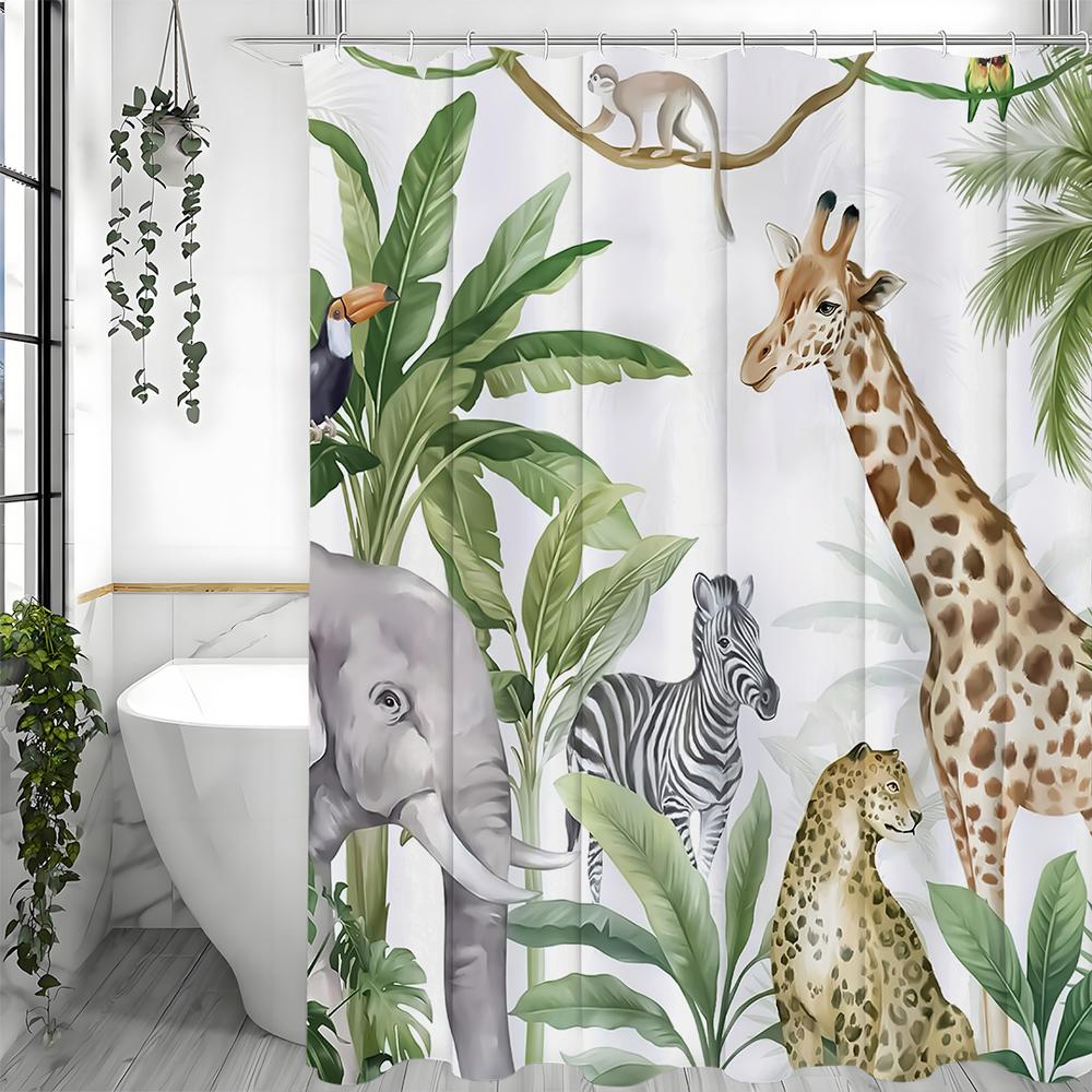 Botanischer Duschvorhang mit tropischem Wald und Tier, Dekorativer Duschvorhang für das Badezimmer, Wasserdichter Duschvorhang mit Haken