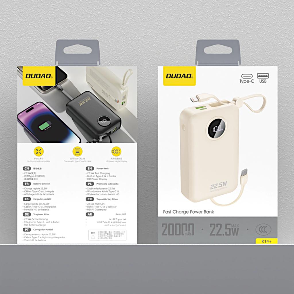 Powerbank Dudao K14+ 20000Mah 22.5W Usb-C / Usb-A / Wbudowane Kable Lightning I Usb-C - Biały
