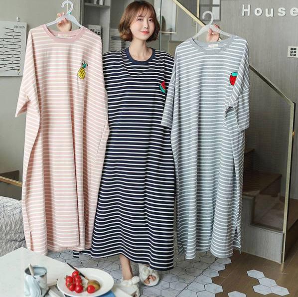 Summer Korean Style Women's Striped Loose Nightdress - Short Sleeve, Mid-Length, Maternity, Home & Outdoor Wear