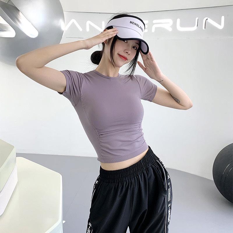 Топ для йоги Lulu с плиссированными короткими рукавами, влагоотводящий, приталенный крой S (40-45 kg) фиолетовый/серый