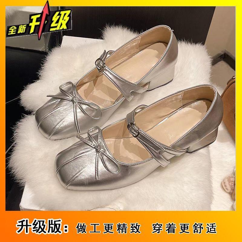 Versatile light mouth thick heel single shoes women's French retro square head bow one-word buckle Mary Jane single shoes 2025 spring and summer