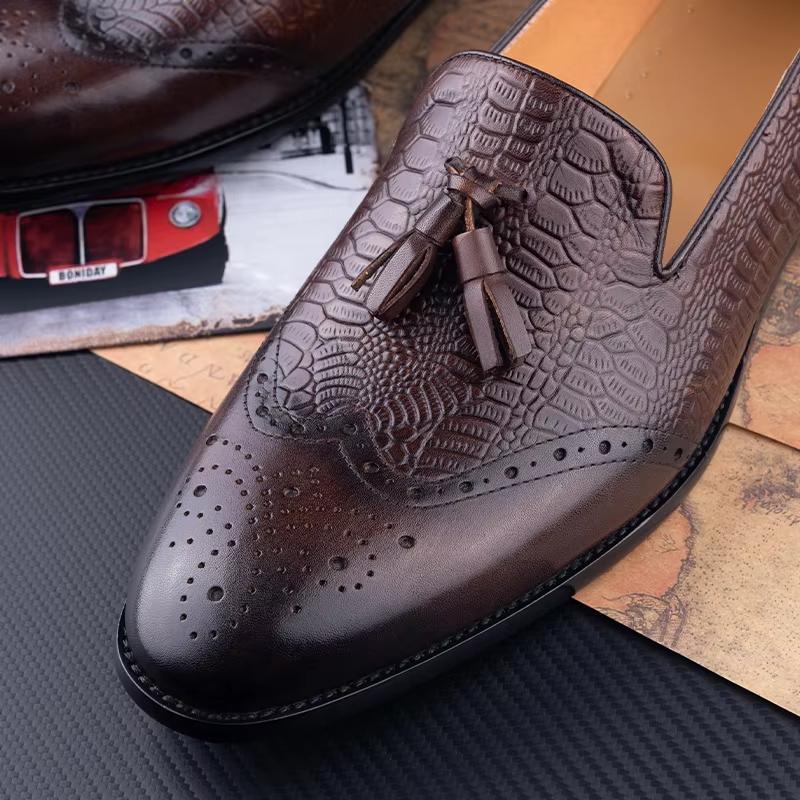 Mode Handgefertigt Bequem Lässig Lederschuhe Businessschuhe Herren Echtes Leder Quasten Loafer Kaffee Formeller Schuh Brogue Druck Männlich