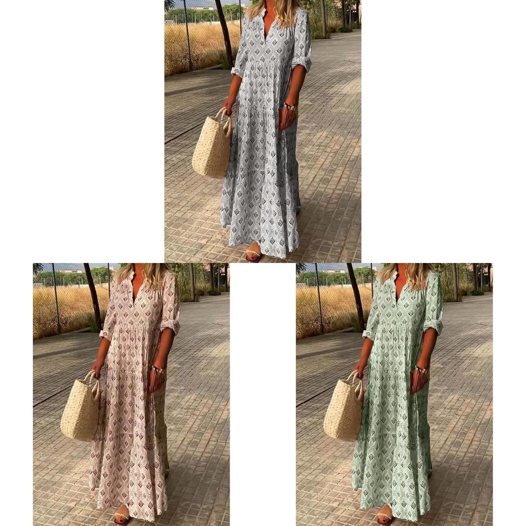 Polyester Vintage Long Dress With 3d Print And Pleated Style For Casual Fashion