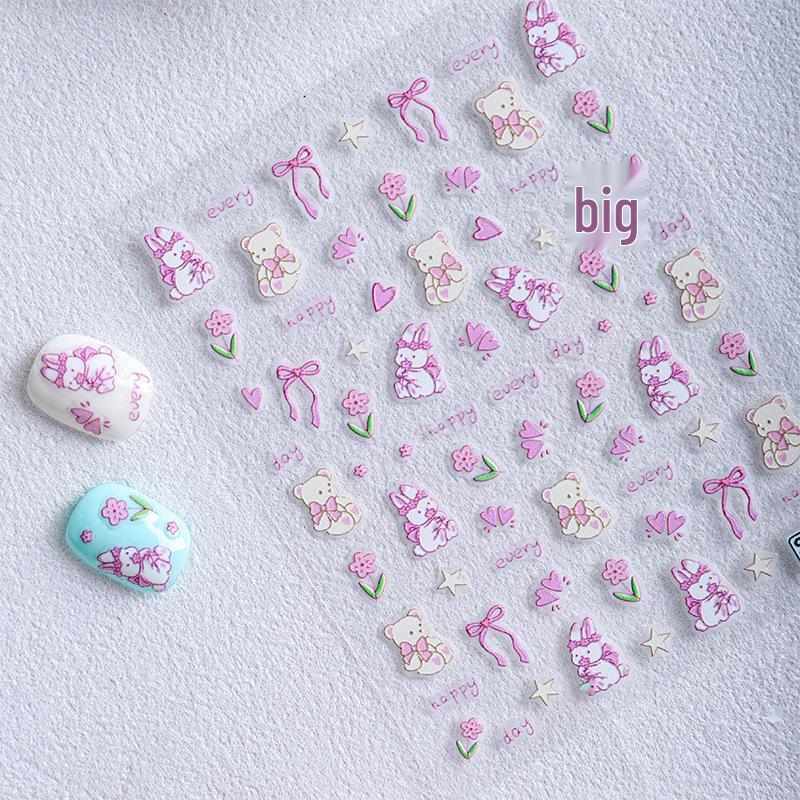 Sky Tulip Bunny & Bear 3D Nail Stickers – Cute Cartoon DIY Embossed Decals