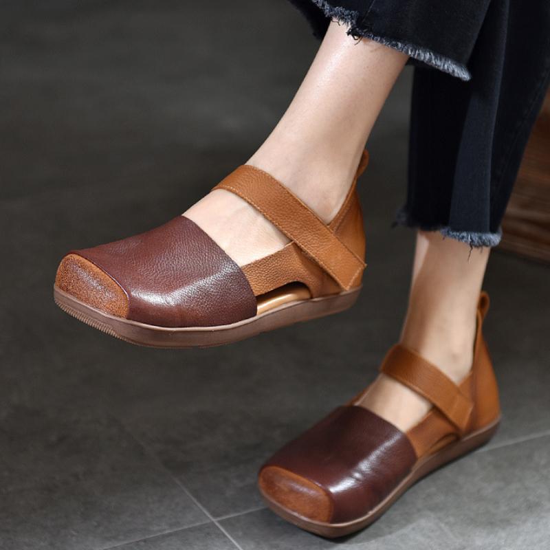 Johnature Sandali retrò in vera pelle per scarpe piatte con suola morbida e punta quadrata in colori misti da donna