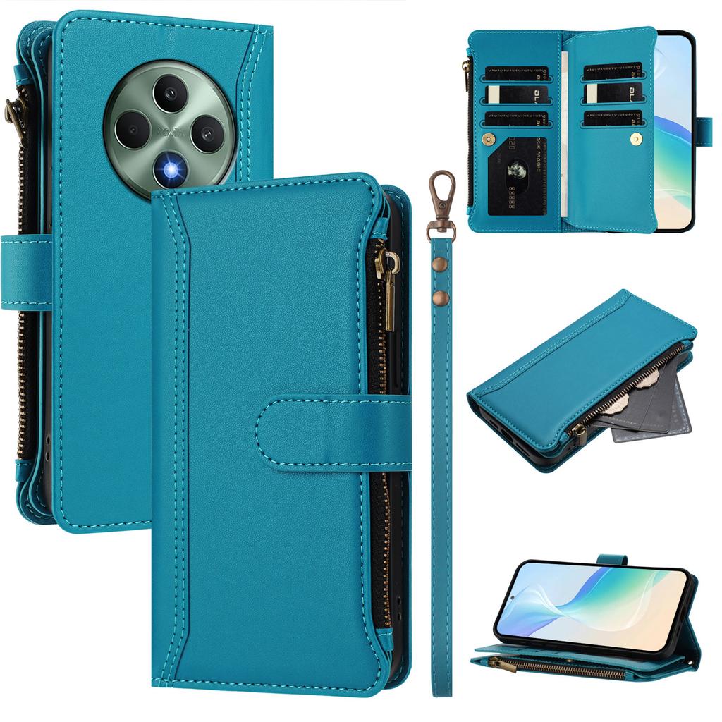 For Oppo Reno12 F 4G/Oppo Reno12 FS 5G/Oppo F27 5G/Oppo Reno12 F 5G Leather Case 9 Card Slots Zipper Wallet Stand Phone Cover with Wrist Strap