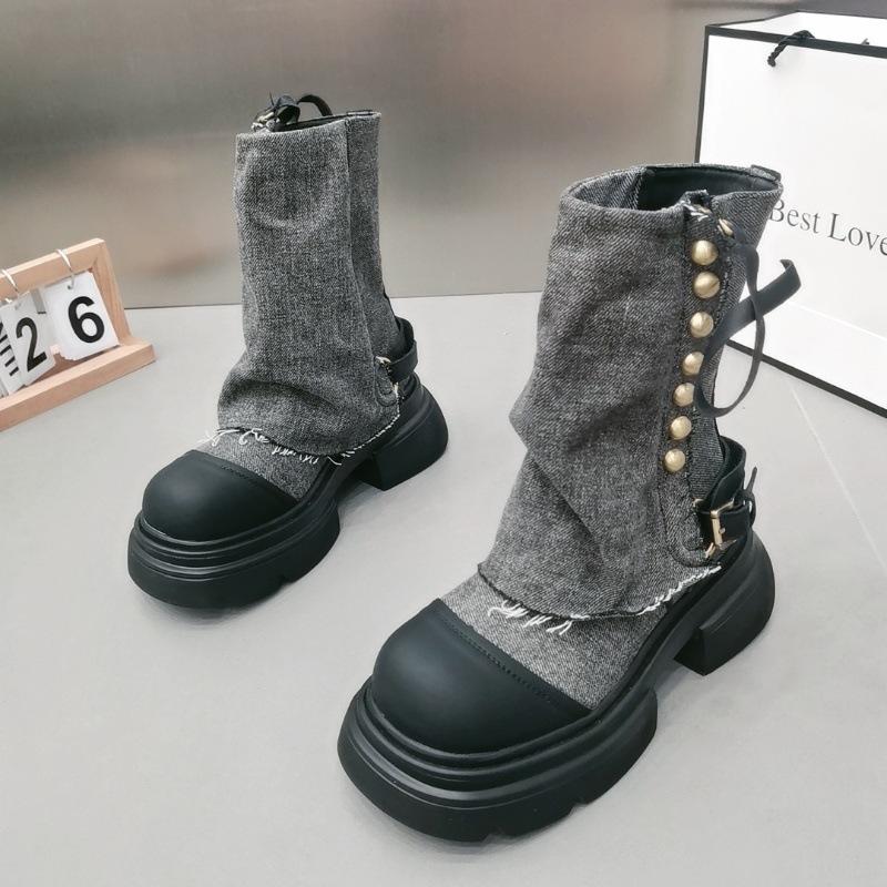 Western denim cloth pants tube boots knight martin boots women's autumn and winter short boots children thick heel