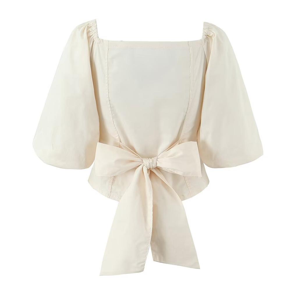 European and American style, new women's clothing forlove, the same bow bubble sleeve shirt has keel.