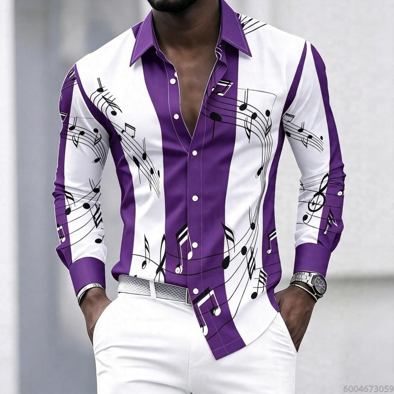 Men's Collared Shirt with Creative Musical Note Print, Trendy Long-sleeved Casual Top for Everyday Wear, Dates, and Outings.