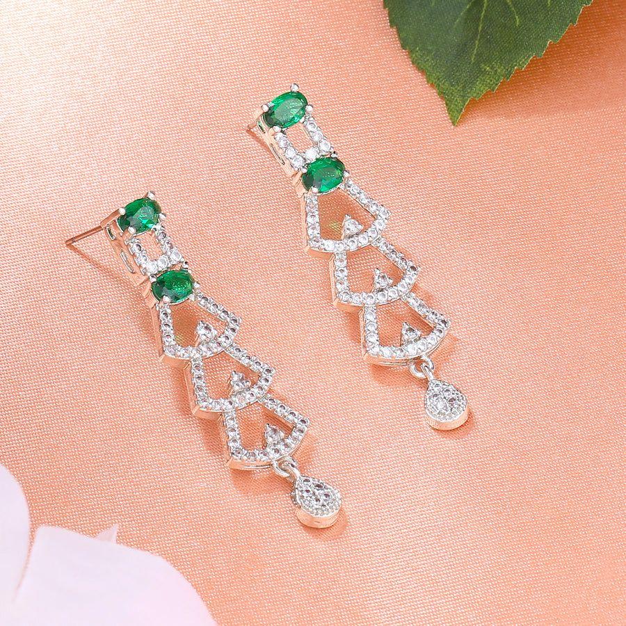 Stunning Estele Rhodium Plated CZ Green Stone Drop Earrings For Women