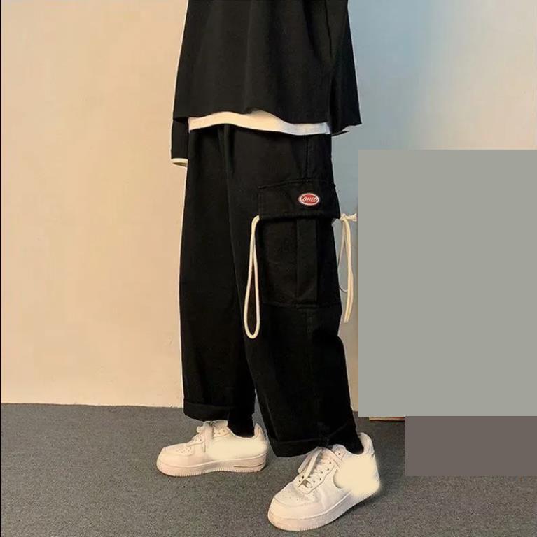 

Осенние ретро мужские прямые широкие брюки-карго из хлопка мужские уличные прямые походные свободные мешковатые спортивные брюки повседневные брюки с боковым карманом M чёрный