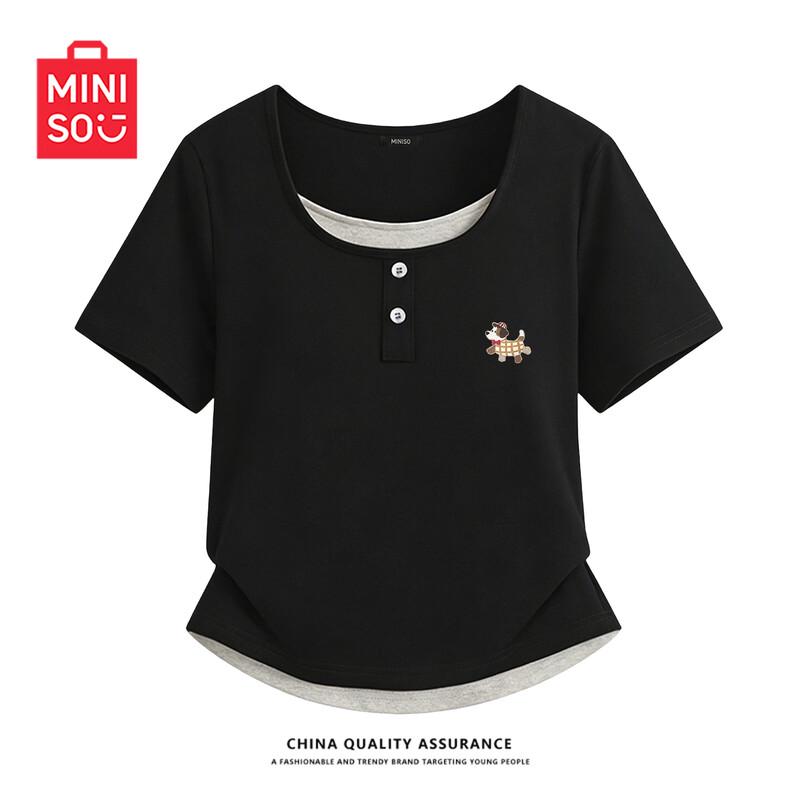MINISO Women s Slim Fit Henley T-Shirt with Puppy Chest Mark S