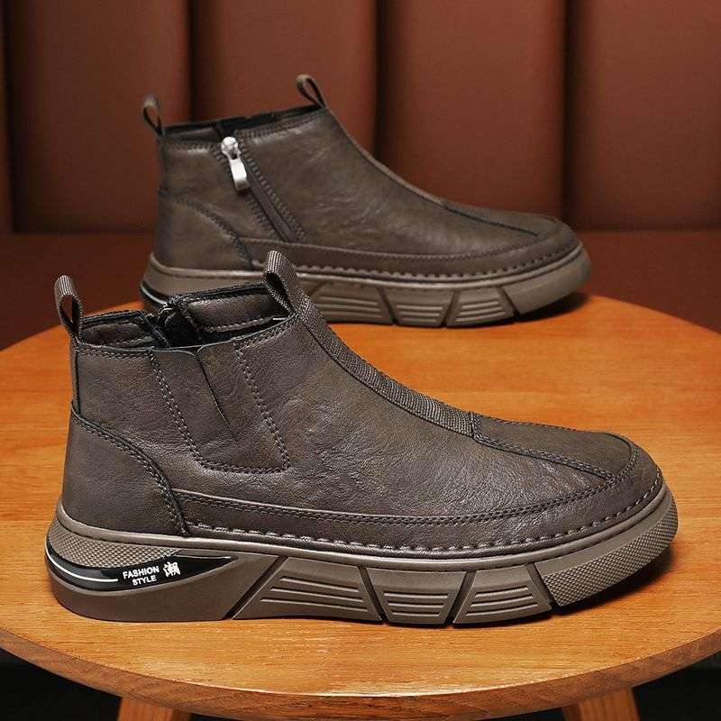 Men's Boots High-top Ankle Boots Trend British Style Outdoor Leather Shoes Zipper Platform Work Shoes Soft Sole Plush Snow Boots