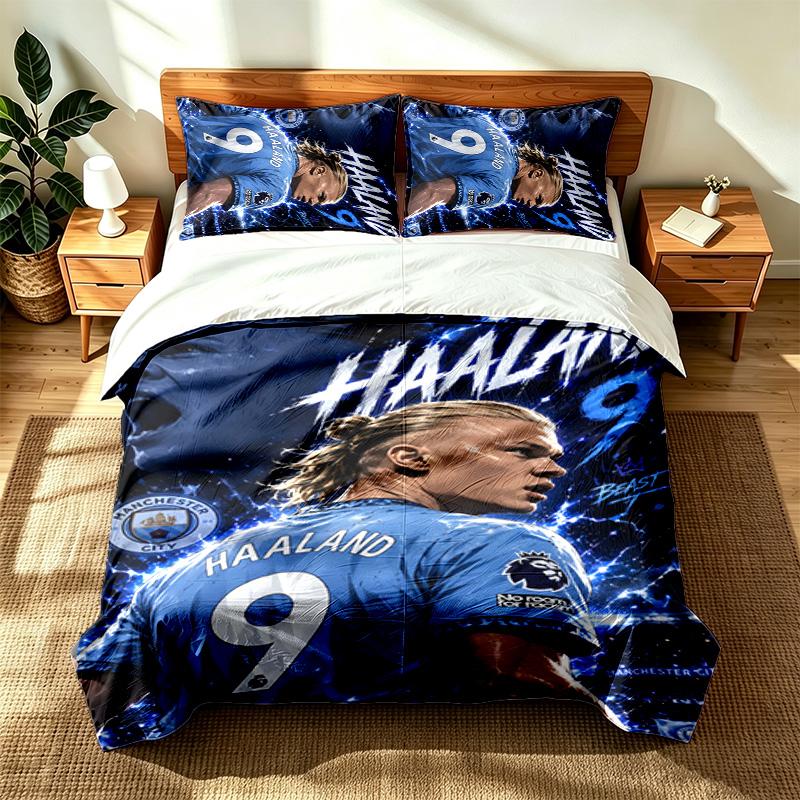 Erling Haaland (23) 3-teiliges Set, geeignet für Schlafzimmer, weich und bequem, ein ideales Geschenk für Familie und Freunde. Enthält eine Bettdecke und zwei Kissenbezüge.