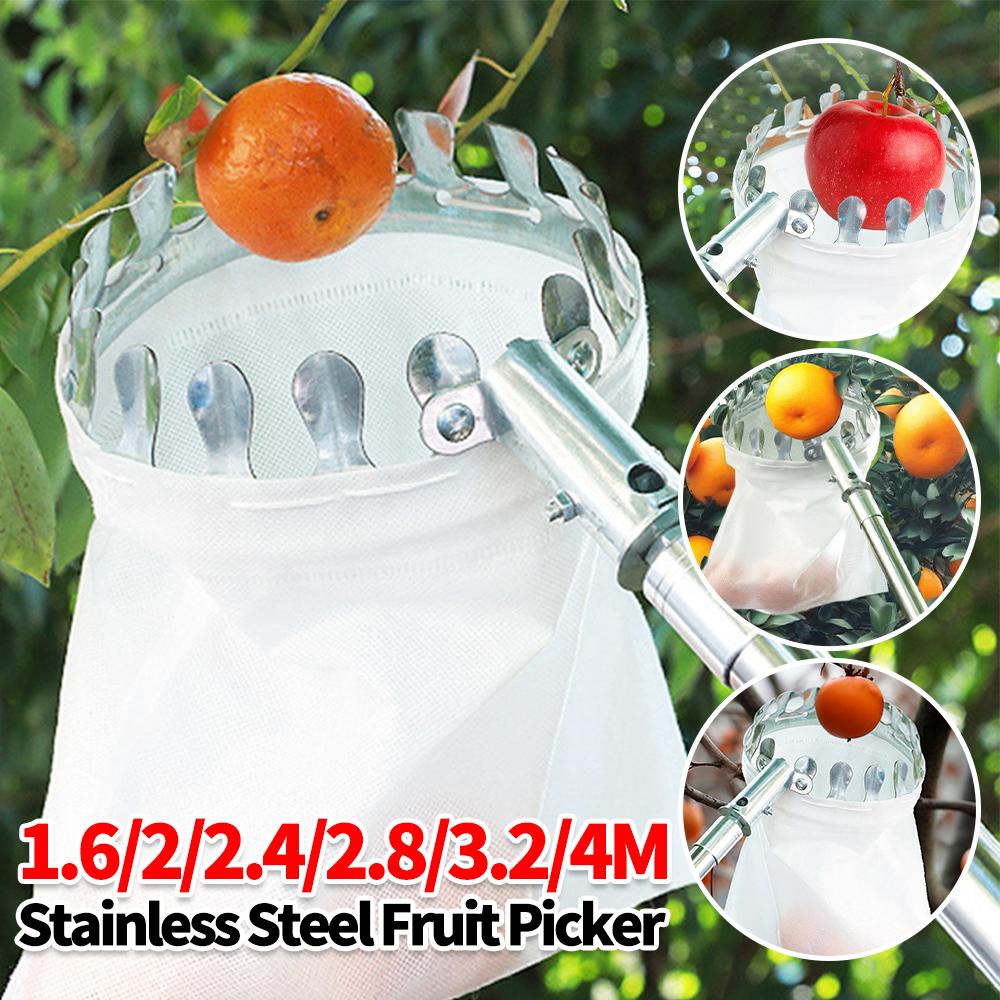 1.6-4M Stainless Steel Fruit Picker Orchard Garden High Tree Picking Tool Gathering Fruit Catcher Collection Pouch Farm Supplies