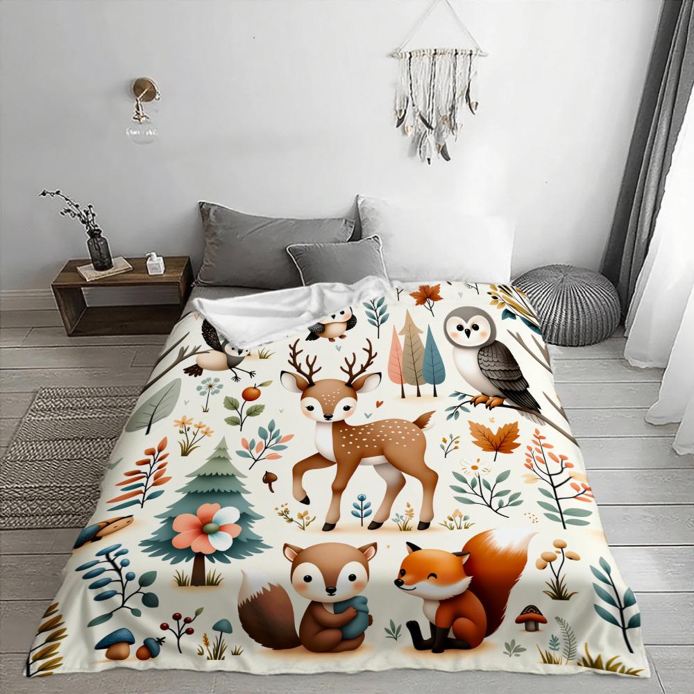 Forest Animal Print Soft Cozy Blanket, Adorable Design with Deer, Fox and Owl, Home Decor & Gift Option, Multi-purpose Comfort Blanket