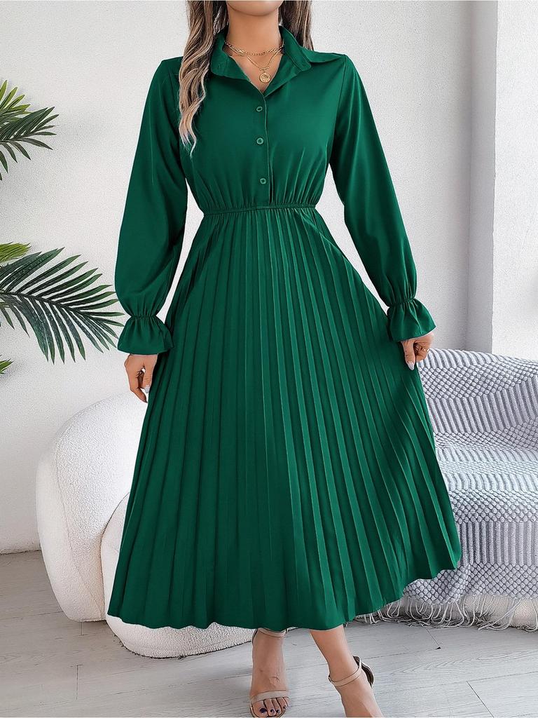 Abito a Colletto Reversibile Monocolore Abito Elegante Plissettato a Vita Alta per Donna Abiti Ampi a Maniche Lunghe Abito Casual