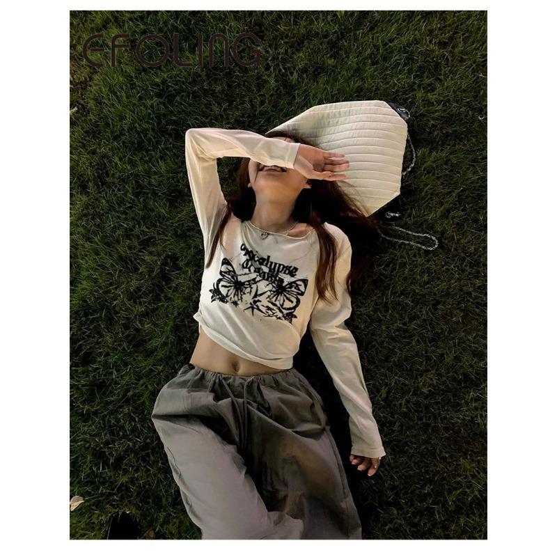 Pure Cotton American Trendy Printed Long-sleeved T-shirt for Girls Versatile Loose Korean Style Autumn Thin Bottoming Shirt Top