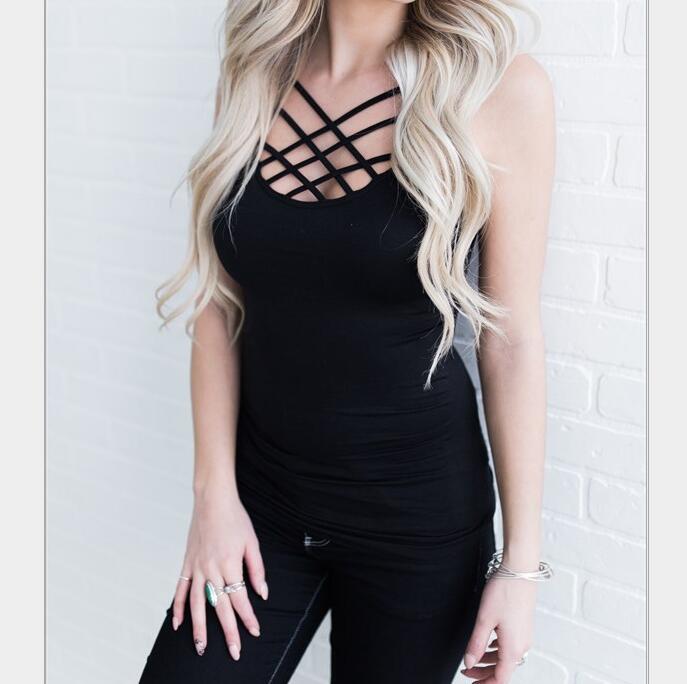 Sexy Criss Cross Front Spaghetti Strap Basic Tank Tops Solid Sleeveless Tops for Women