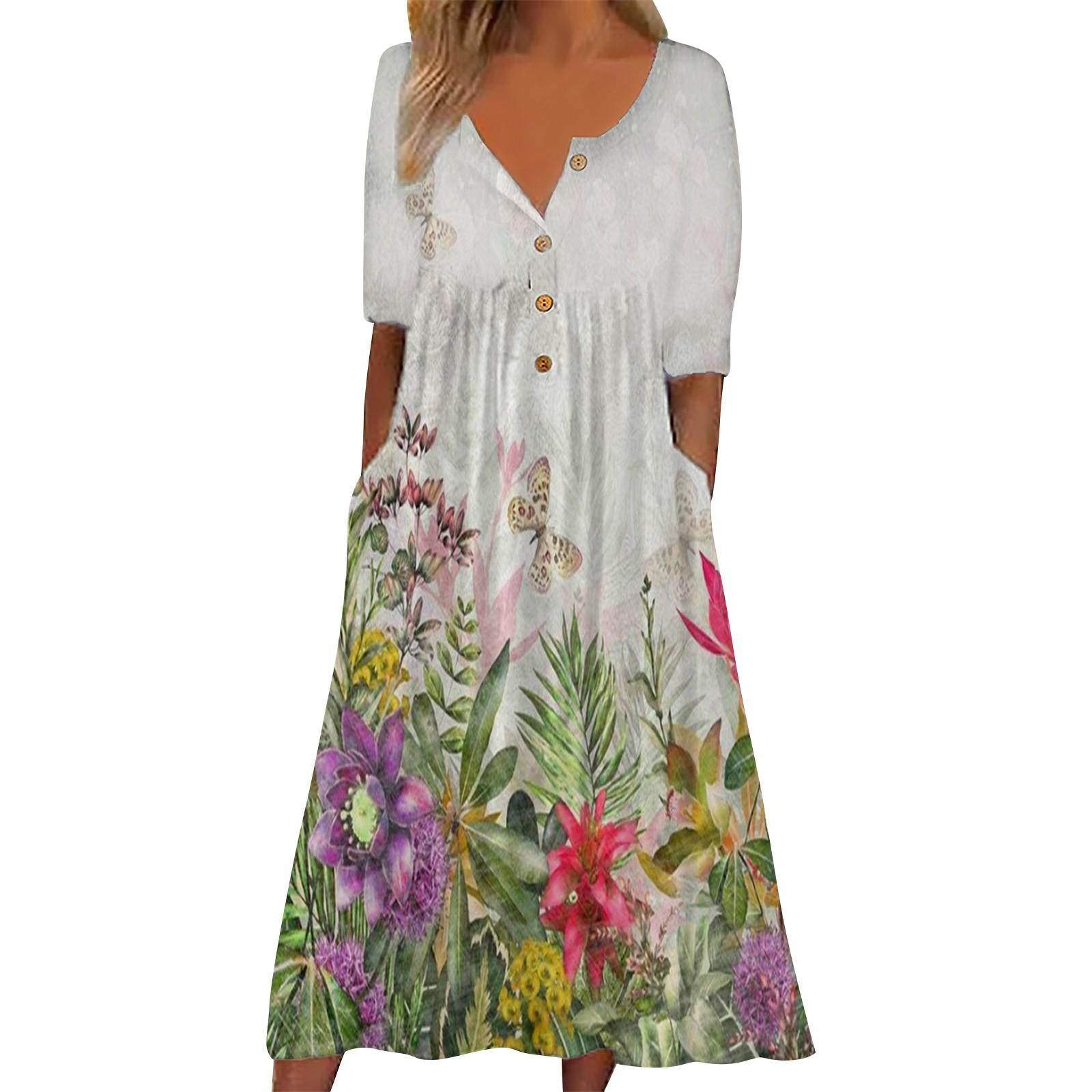Women s Dress Button Floral Pocket Short Sleeve V Neck Casual Loose Dress XL