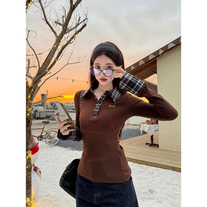 2025 Women's Autumn Two-Piece Plaid Polo Collar Long Sleeve T-Shirt