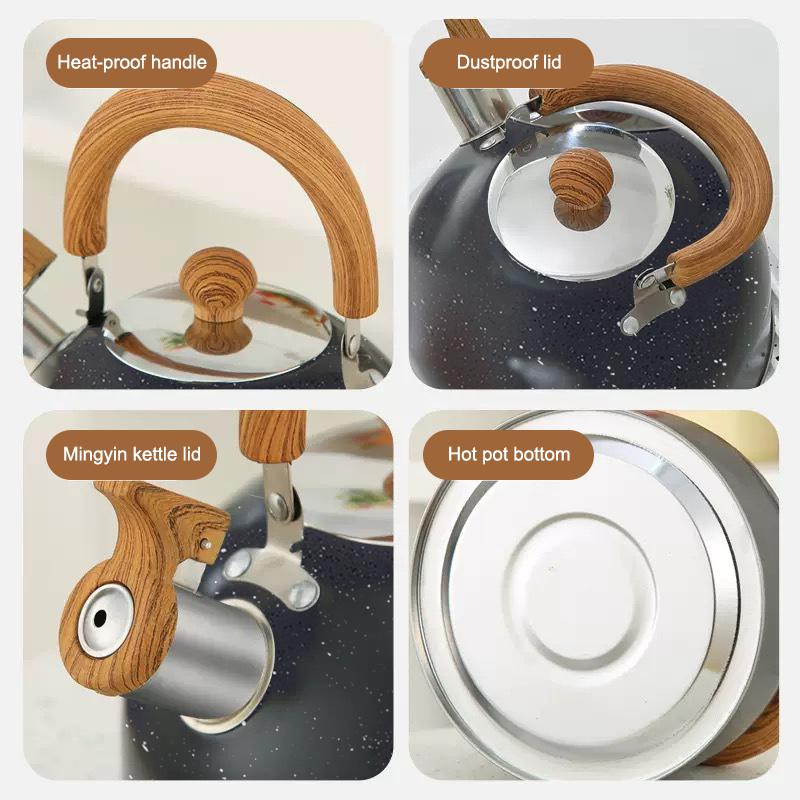 Bouilloire à sifflet, Théières pour cuisinière en acier inoxydable de qualité alimentaire avec motif bois Poignée pliable, Bouilloire à sifflet fort