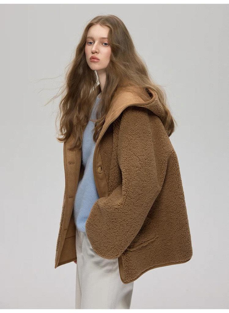 2025 Fall/Winter Women's Hooded Lambswool Fur Coat - Thickened Texture & Button-Up Design