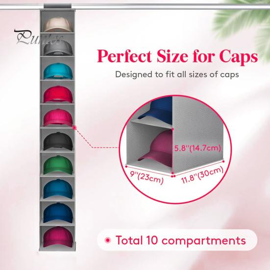 Úložný priestor na baseballové čiapky, veľkokapacitný stojan na klobúky s 10 priehradkami, ľahko zostaviteľný držiak na čiapky a organizér na klobúky