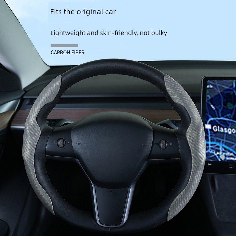 Car Steering Wheel Cover with Carbon Fiber Pattern, High-End Feel, Suitable for Sagitar and Tesla, Three-Section Clip-On Design Gray [Carbon Fiber Pattern] 2 Pieces