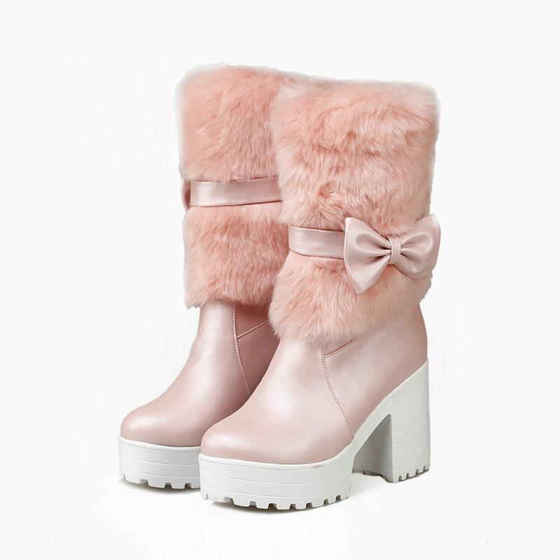 Vinter Nya Höga Klackar Snökängor Lolita Söt Rosett Dam Varma Snökängor Flickor Student Fluffiga Kawaii Mellanvader Dammodekängor