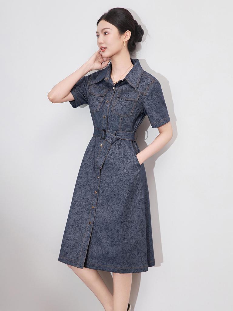 Retro Jacquard Denim Slimming Mid-Length Dress for Women - Summer Style