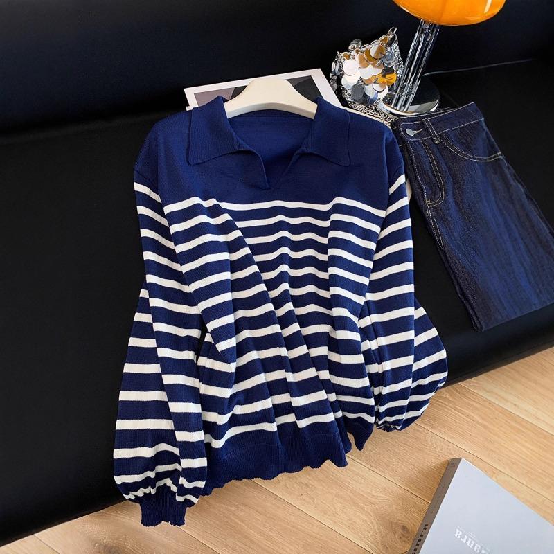 Autumn and Winter New Lazy Wind Striped Polo Knitted Sweater Gentle Wind Long-sleeved Top Women's Clothing