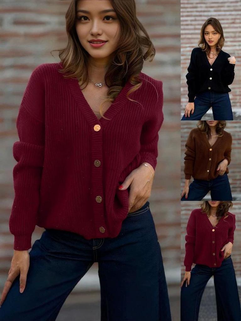 2026 Autumn V-Neck Slimming Knit Cardigan - Women's Temperament Sweater Coat