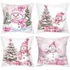 Pink Snowman Christmas Pattern Decorative Cushions Polyester Pillowcase, Sofa Decorative Cushion Cover, Bedside Throw Pillow