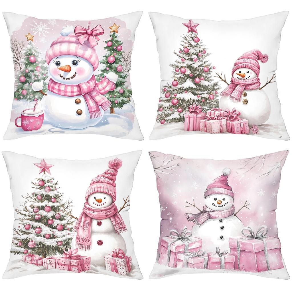 Pink Snowman Christmas Pattern Decorative Cushions Polyester Pillowcase, Sofa Decorative Cushion Cover, Bedside Throw Pillow