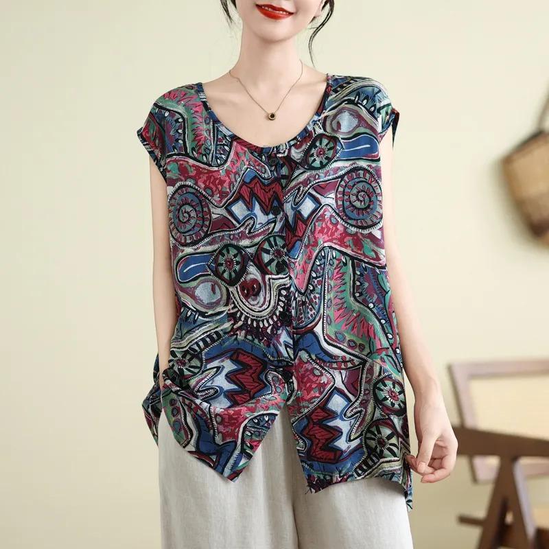 

Summer New Cardigan Vest Suspender Plus Size Women s Top Sleeveless Bottoming Cotton Silk Printed 2XL