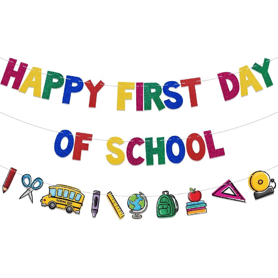 Happy First Day of School Banner, Pre-strung, Back to School Decorations, Back to School Garland, Classroom Teacher Office School Decorations