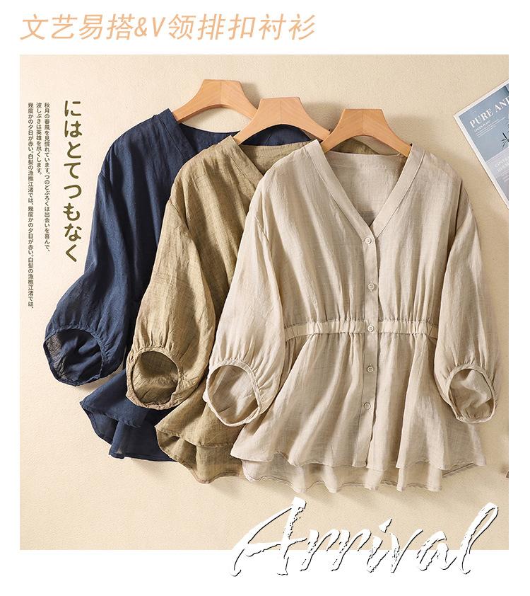 Cotton and Linen V-neck Waist Five-point Pullover Shirt Women's Loose and Thin Versatile Cotton and Linen Top Trendy