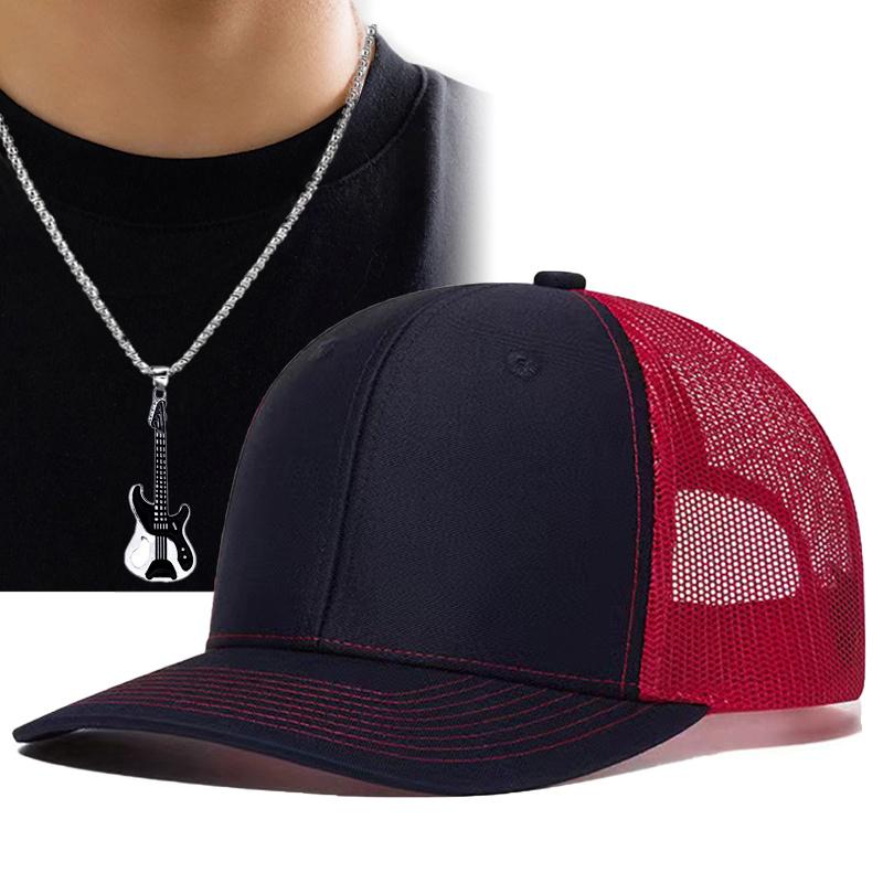 

Комплект из 2 мужских бейсболок и парных ожерелий, кепка дальнобойщика, мужская уличная солнцезащитная сетчатая кепка для альпинизма, кепка дальнобойщика с подвеской и солнцезащитной шляпой чёрный/красный