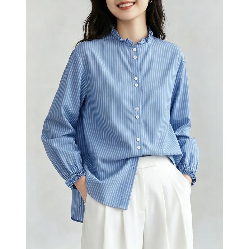 Women s Pure Cotton Striped Stand-Up Collar Shirt L